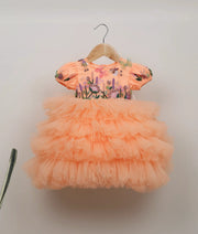 Front view of a peach tulle butterfly theme birthday dress for girls with tiered ruffles and embroidery