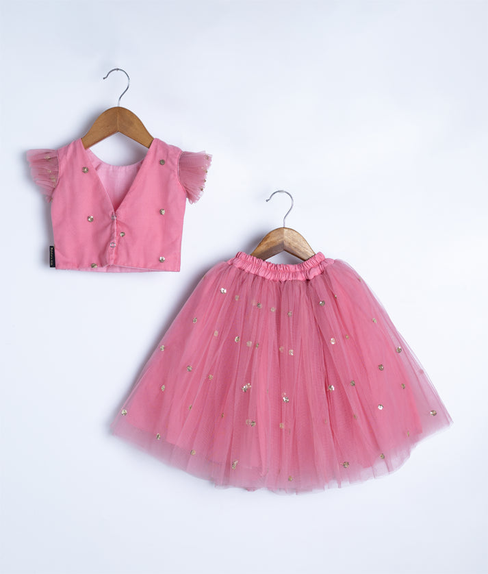 Two-piece pink baby girl dress set with top and skirt
