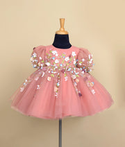 Elegant pink baby girl party dress with 3D floral appliqué – toddler birthday outfit