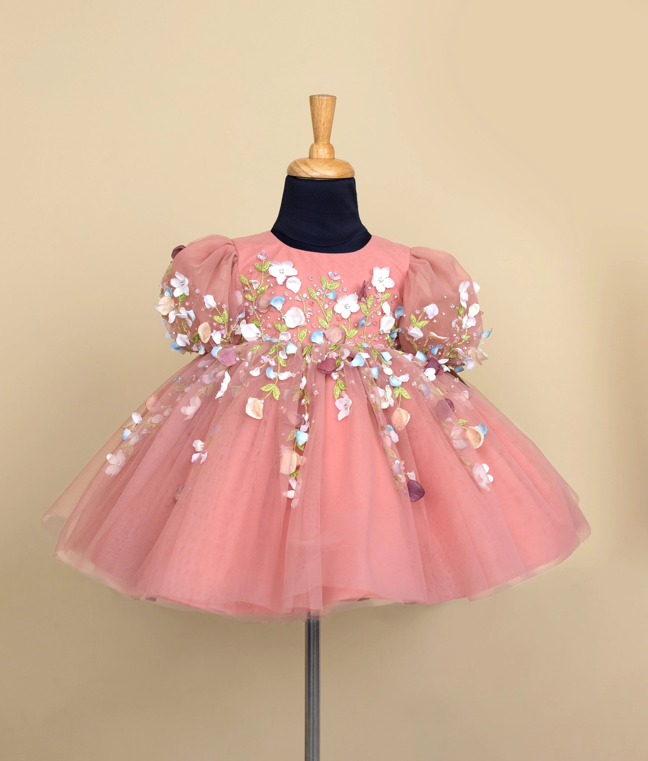 Elegant pink baby girl party dress with 3D floral appliqué – toddler birthday outfit
