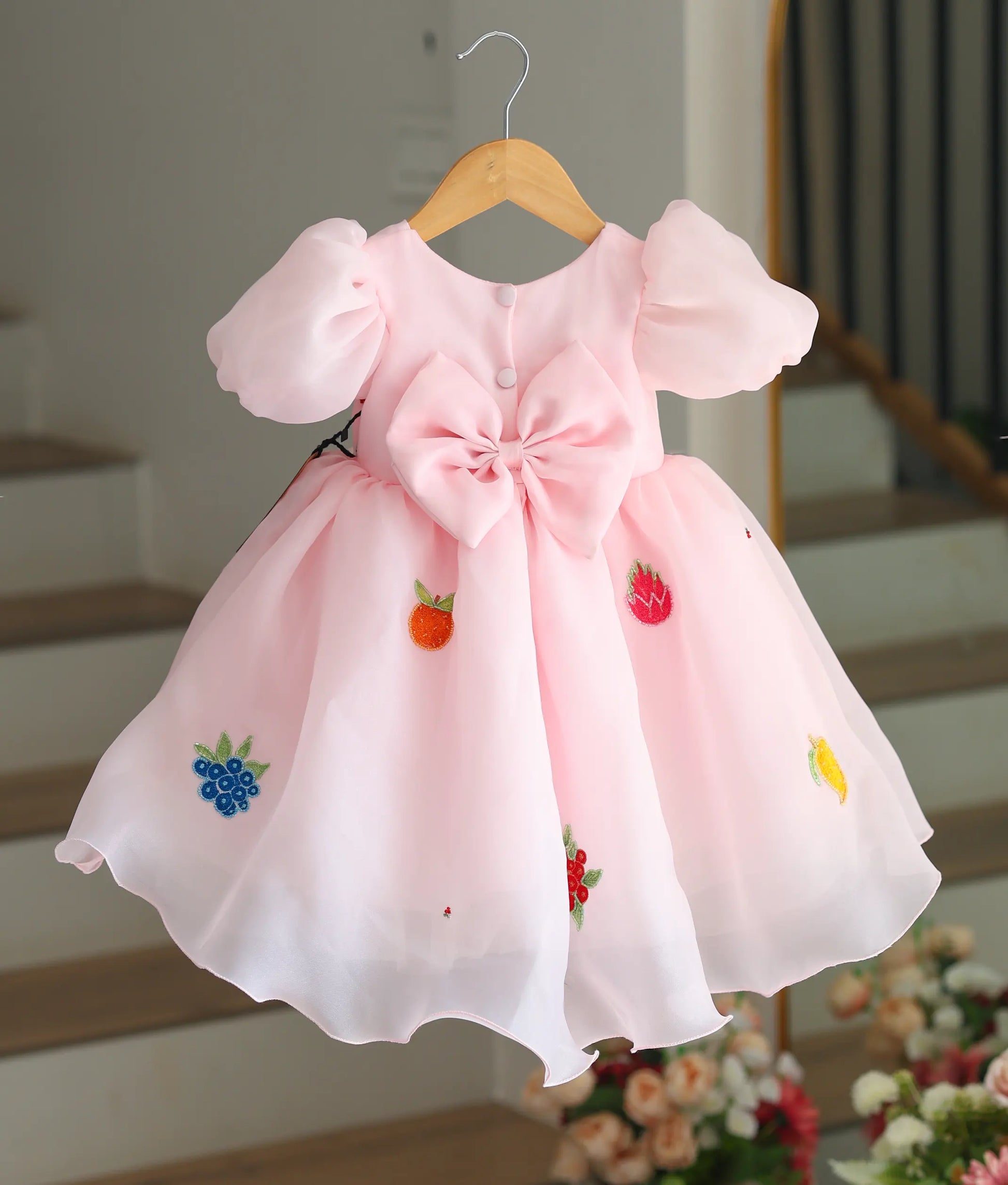 Pastel Pink Fruits Theme Birthday Frock For Baby Girl