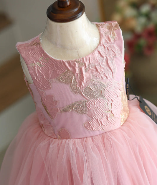 Close-up of the golden Turkish organza leaf pattern on the frock top.