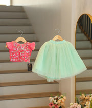 Front view of a baby girl wearing a pink handworked crop top and a long peach tulle net skirt