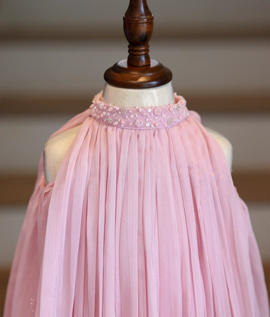 Close-up of the hand-embedded beads and sequins on the high-neck collar and the micro-pleated shimmer georgette fabric.