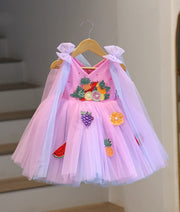 pink and purple girl's party dress with fruit embroidery, layered tulle skirt, shoulder bow drapes and princess design front view