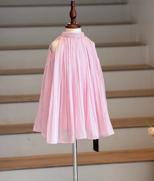 Front view of a pink shimmer georgette frock with a micro-pleated bodice and high-neck collar.