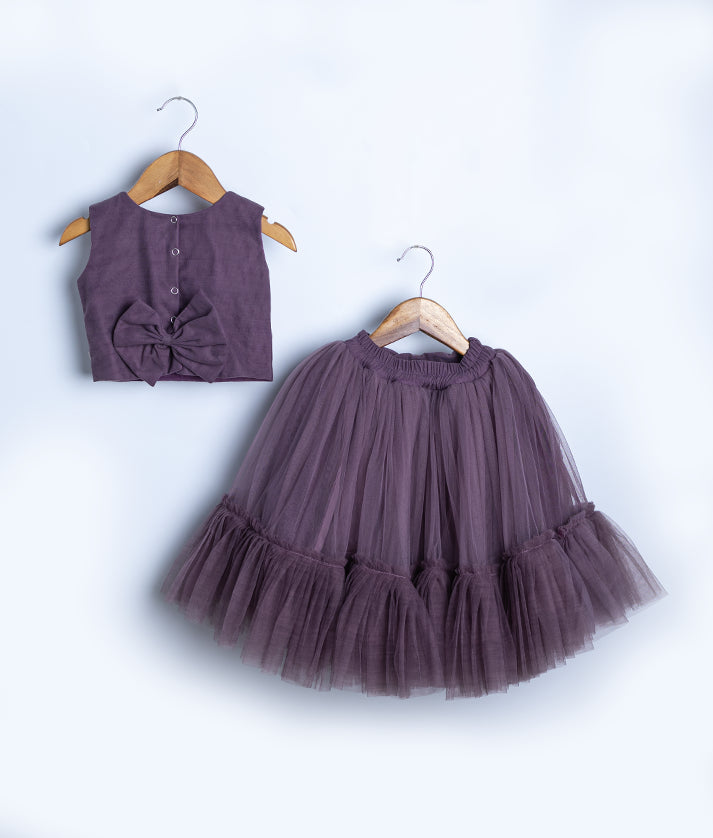 Plum purple tiered tulle skirt component for baby girl holiday and winter formal events