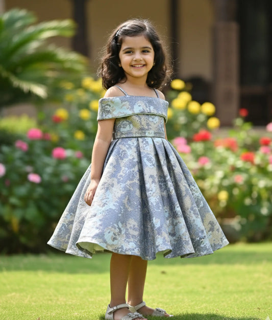 Powder blue Jacquard frock with off-shoulder sleeves and thin straps for baby girls