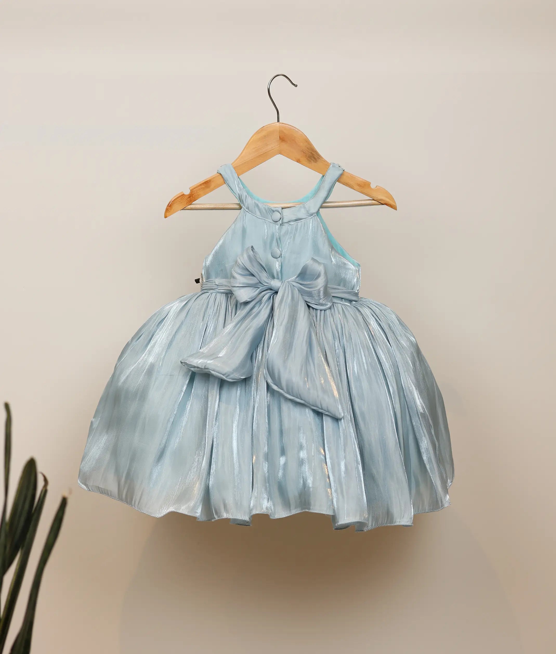 Back view of powder blue organza frock showing the round neckline with show button, back tie, and full flared skirt