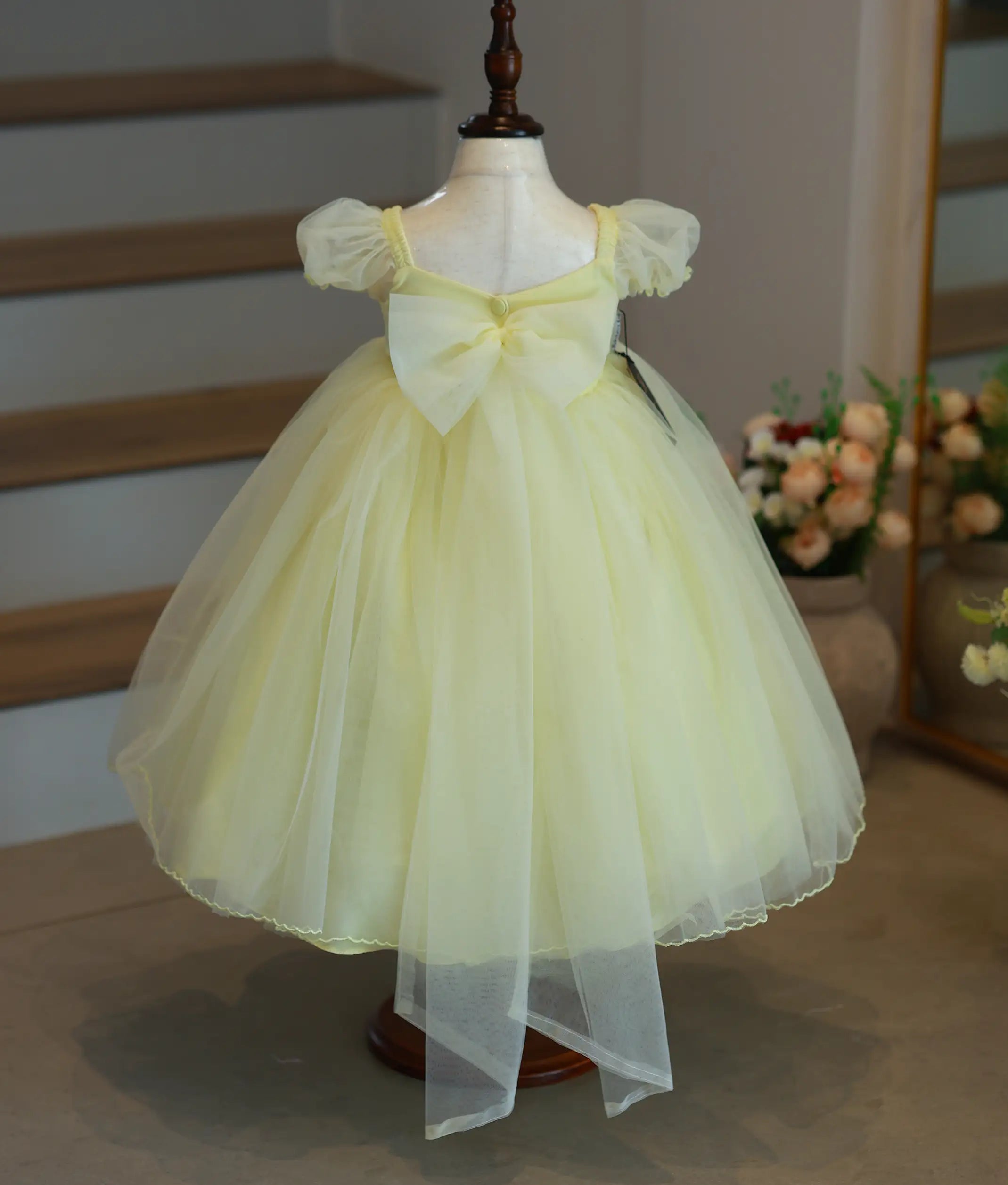 Powder yellow tulle net flower theme birthday frock for baby girl – back view