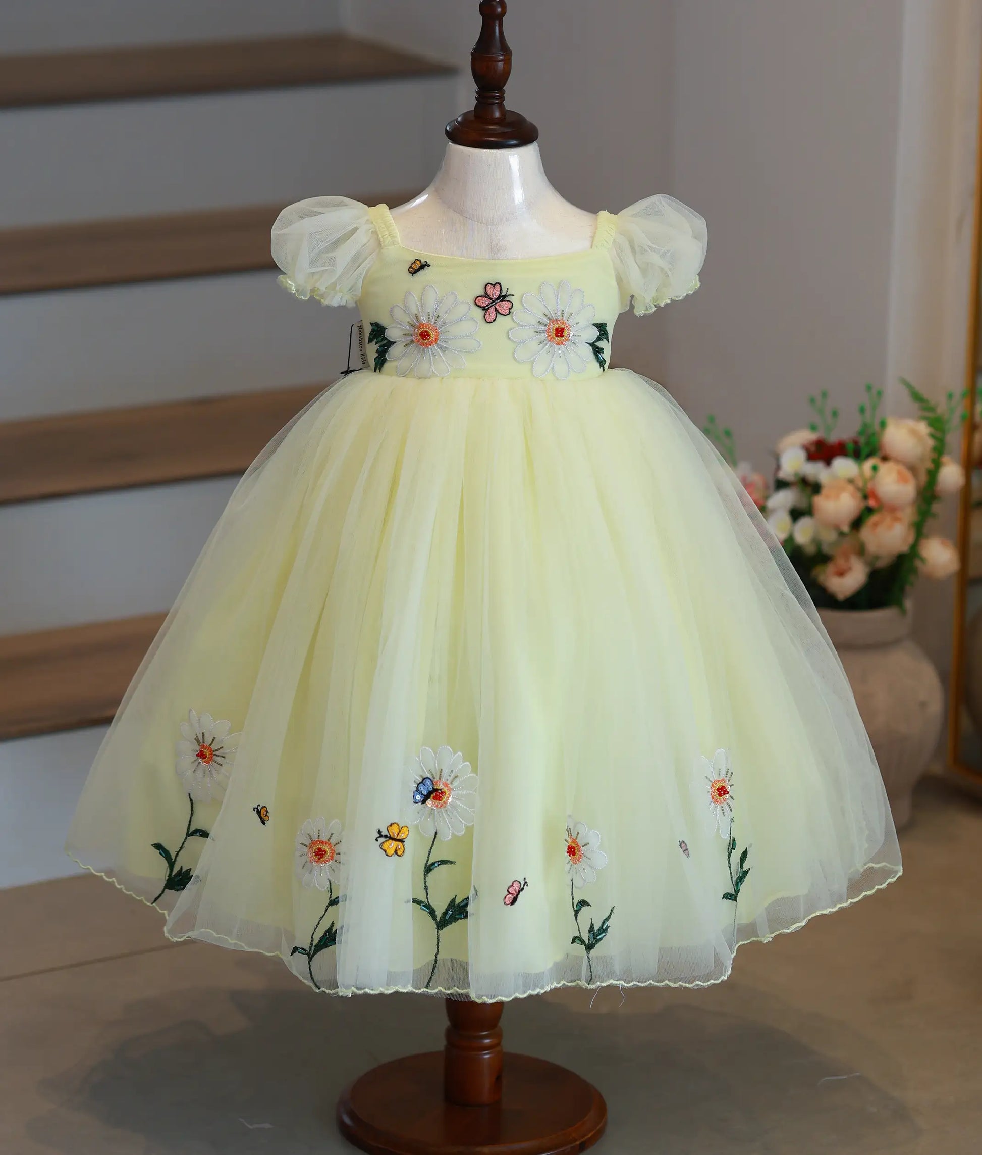 Powder yellow tulle net flower theme birthday frock for baby girl – front view