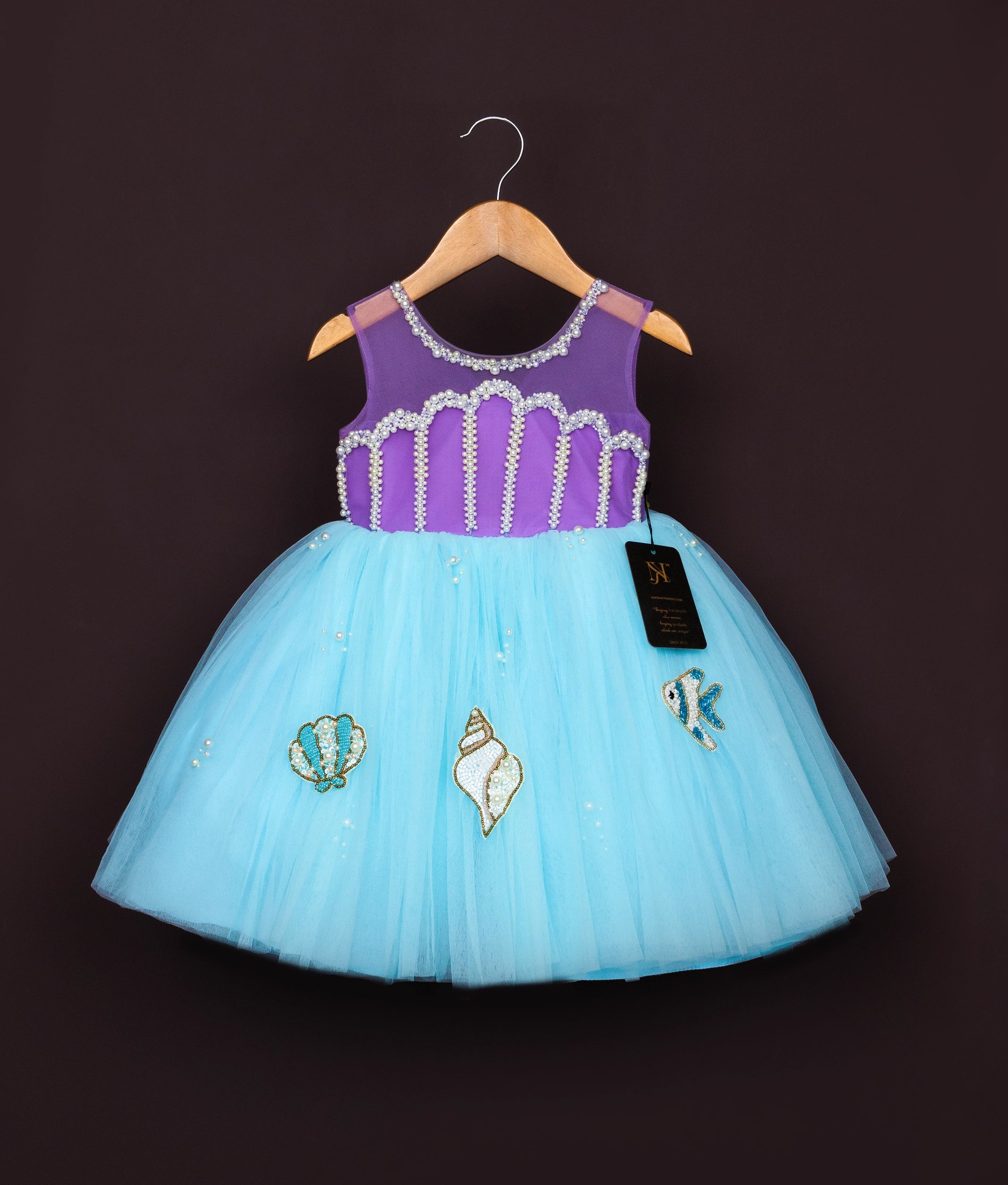 Purple and turquoise princess dress with striped bodice and full turquoise tulle skirt for girls