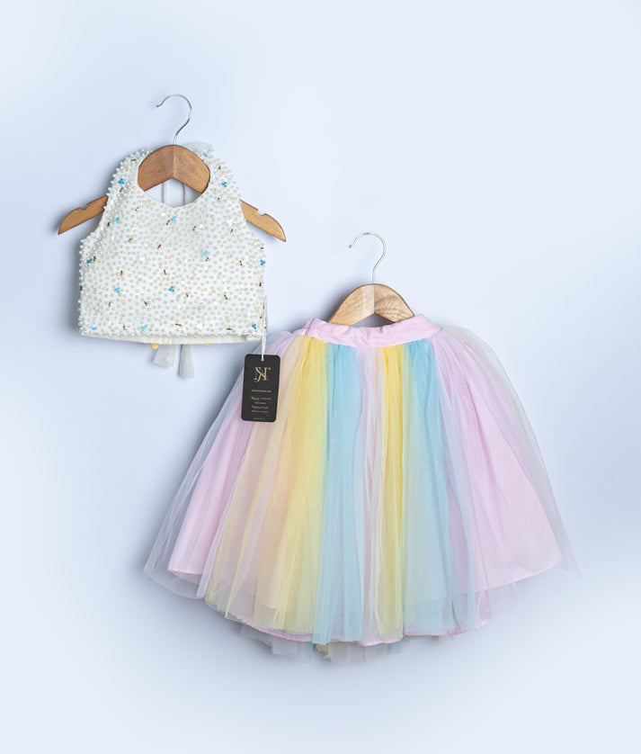 Rainbow pastel tulle skirt with white lace embroidered top two-piece dress set for baby girls birthday parties