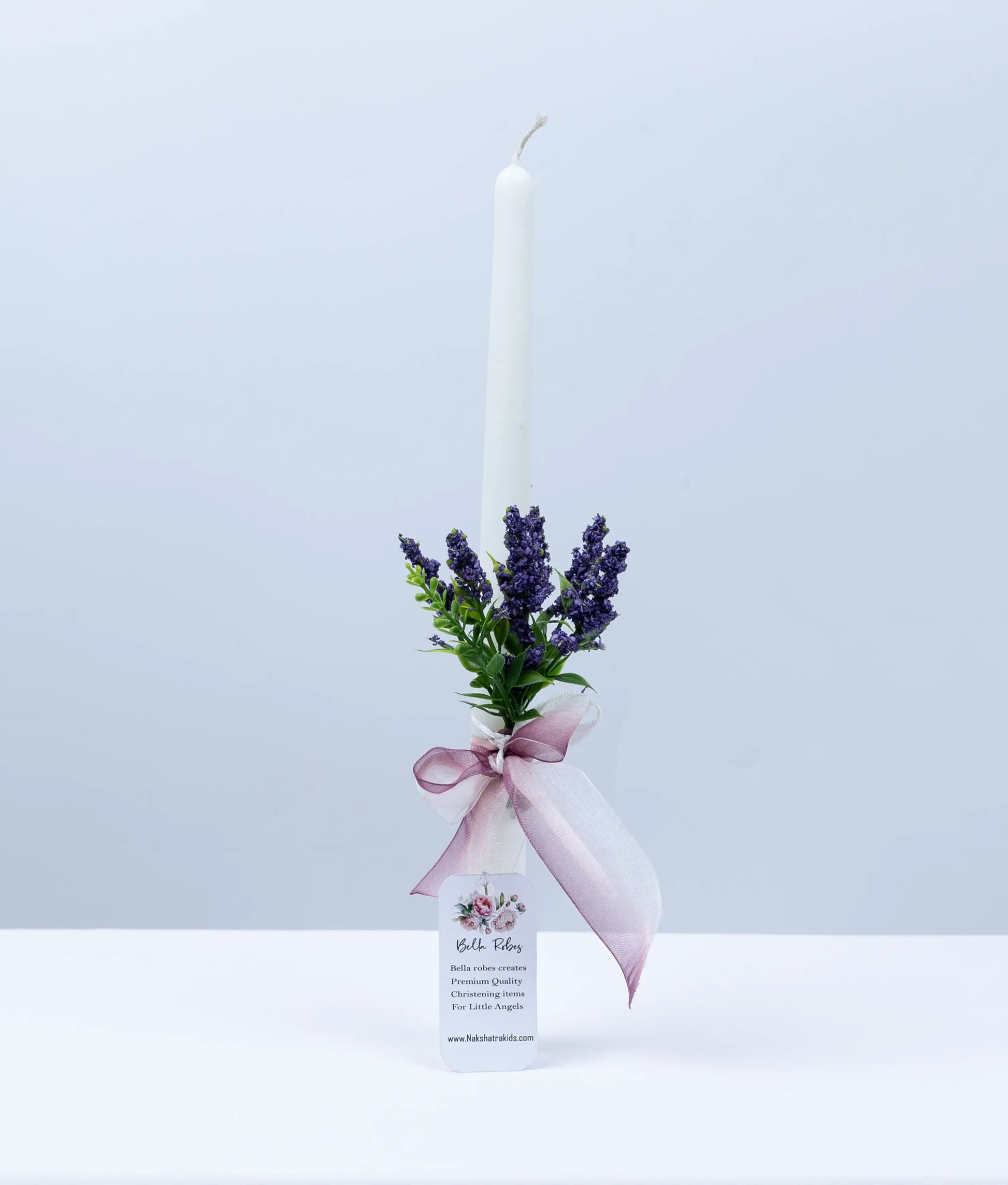 Handcrafted baptism candle decorated with premium off-white lace and floral accents for baby christenings