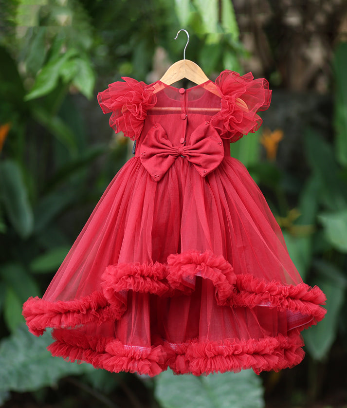 Back view of the maroon butterfly theme gown featuring a round neck and multiple layers of tulle frills