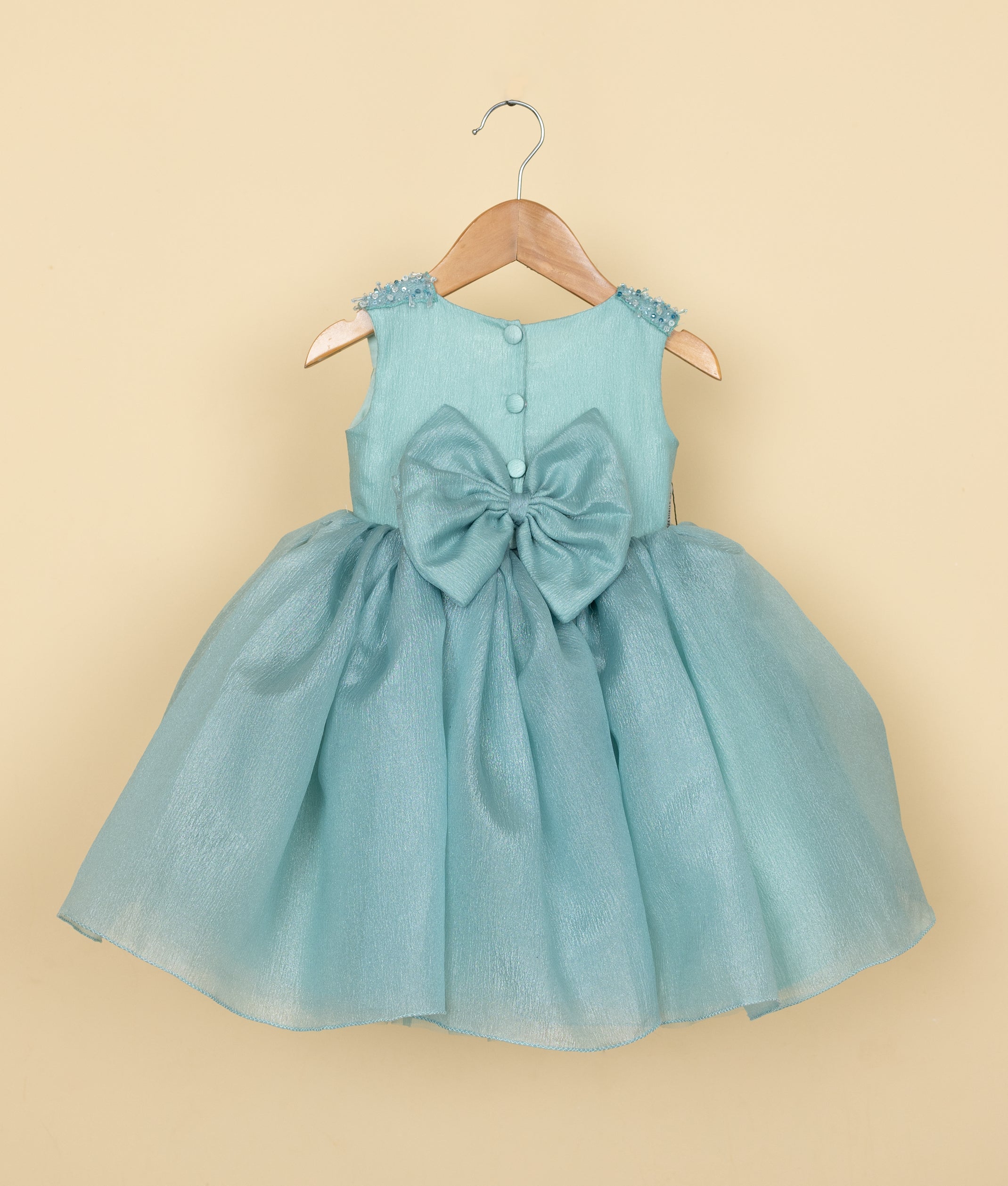 Back view of the Munsell blue organza frock featuring a round neckline, show button, and a decorative bow
