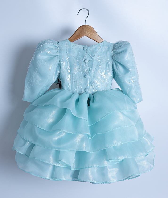 Back view of the powder blue shimmer organza frock highlighting the round neck and show button closure