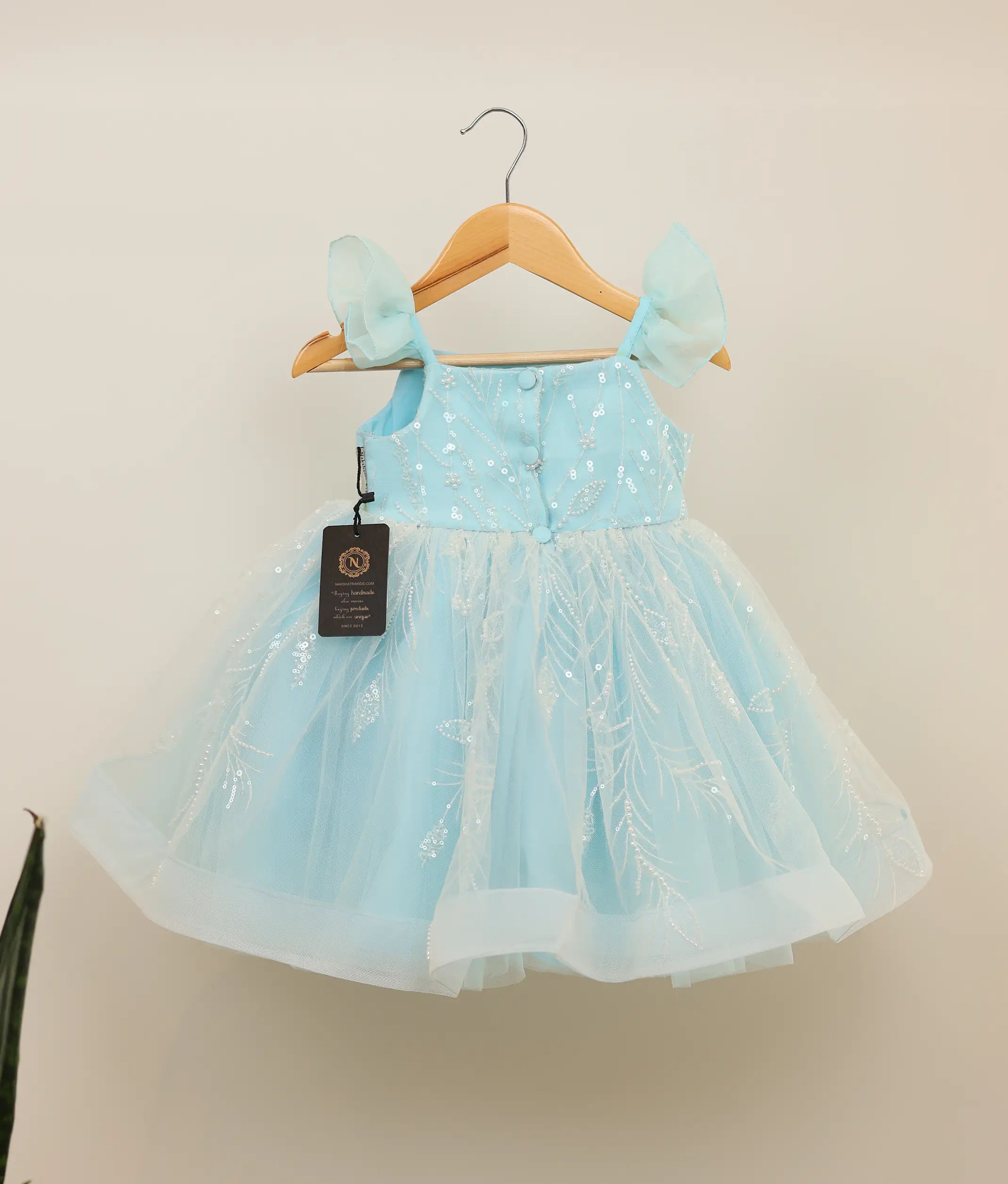Back view of sky blue frock showing the square neck design with show button and the multiple layered tulle skirt