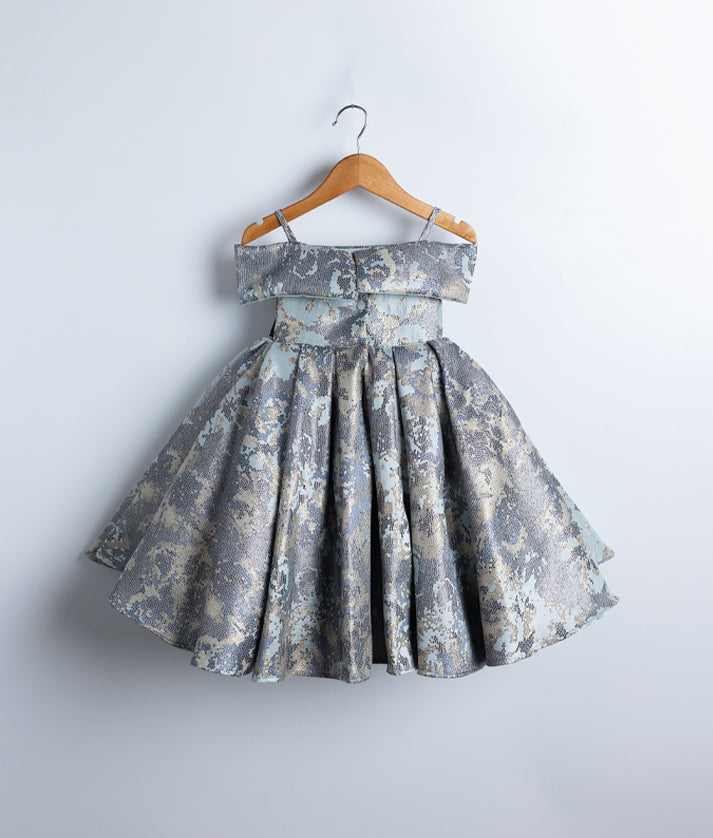 Close-up of the square neckline and fitted bodice on the powder blue Jacquard party dress