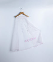 Front view of a stylish handworked tulle net tail for girls' party wear 