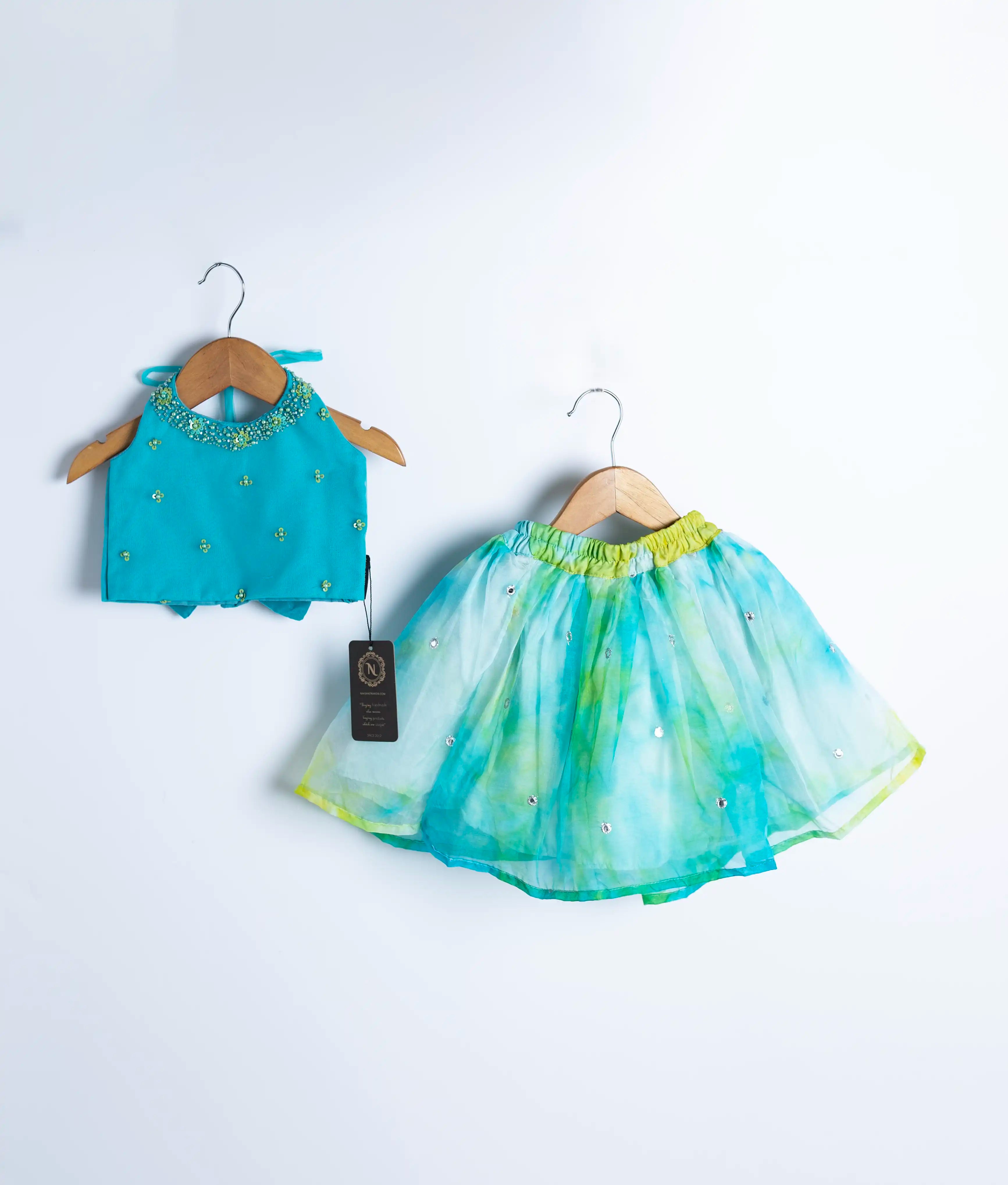Teal swan theme handmade applique party dress with tulle net step frock and embroidered bodice for girls