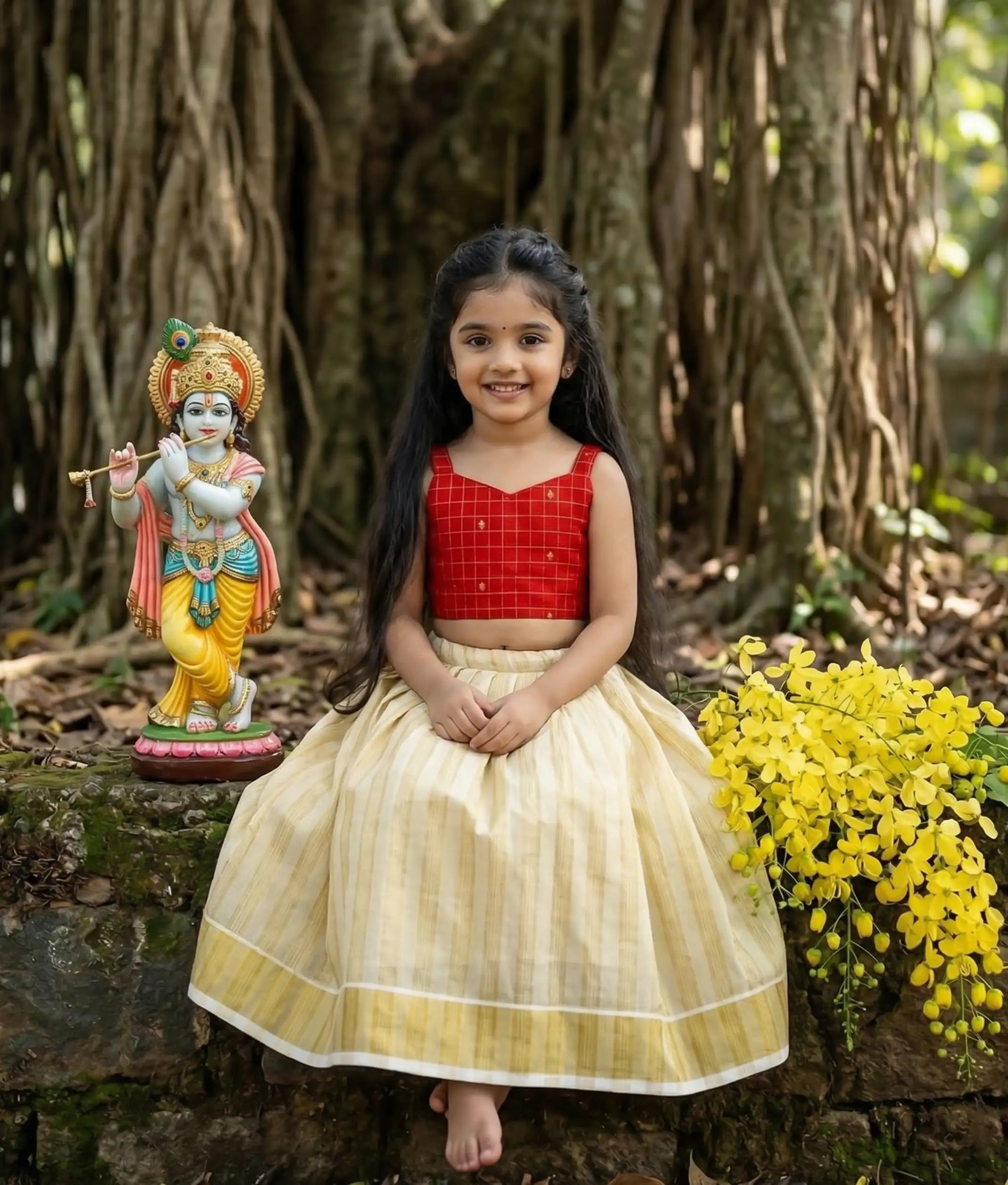 Baby girl wearing a traditional skirt and top for vishu in red color.
