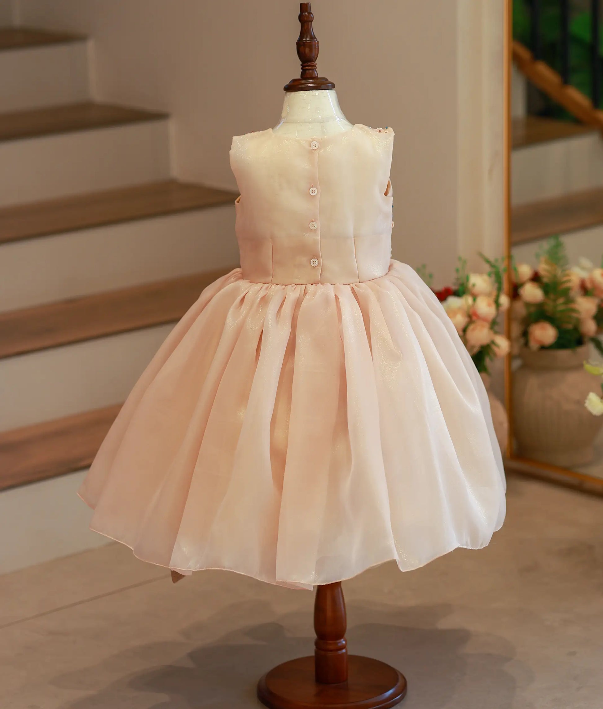 Back view of the golden shimmer organza frock highlighting the transparent round neckline and button closure