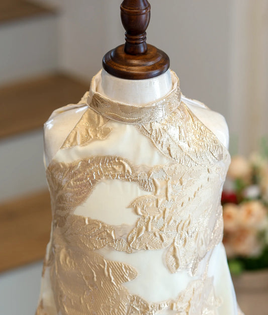 Close-up of the textured gold leaf pattern and high-neck detailing on the Turkish organza frock.