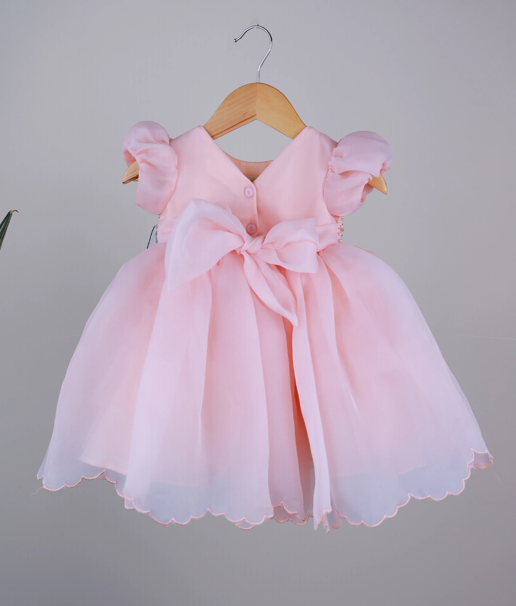Back view of the pastel peach organza frock highlighting the V-neckline with shirt button and tie-up detail