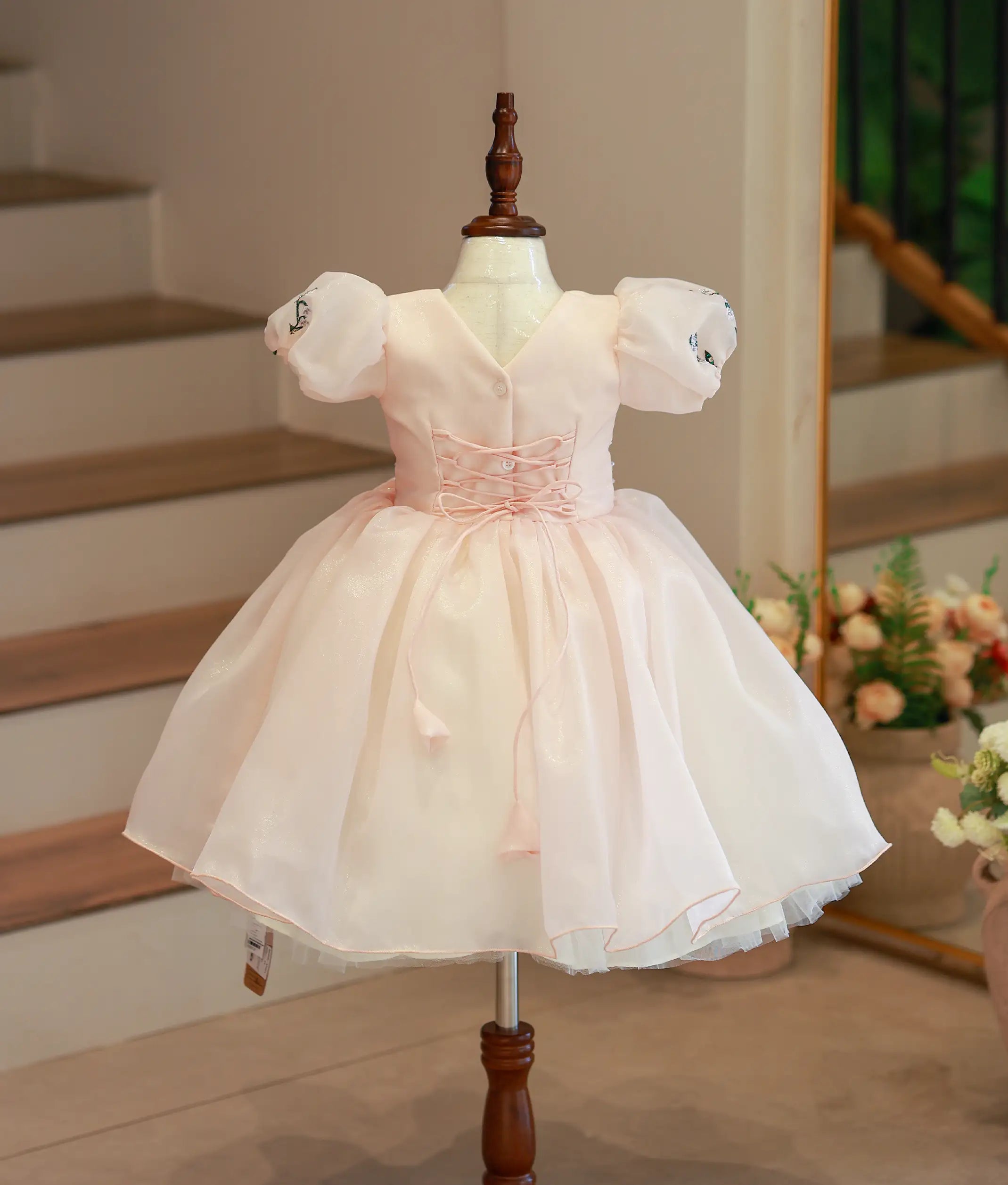 Back view of the powder peach shimmer organza frock featuring a V-neckline with button and tie-up details