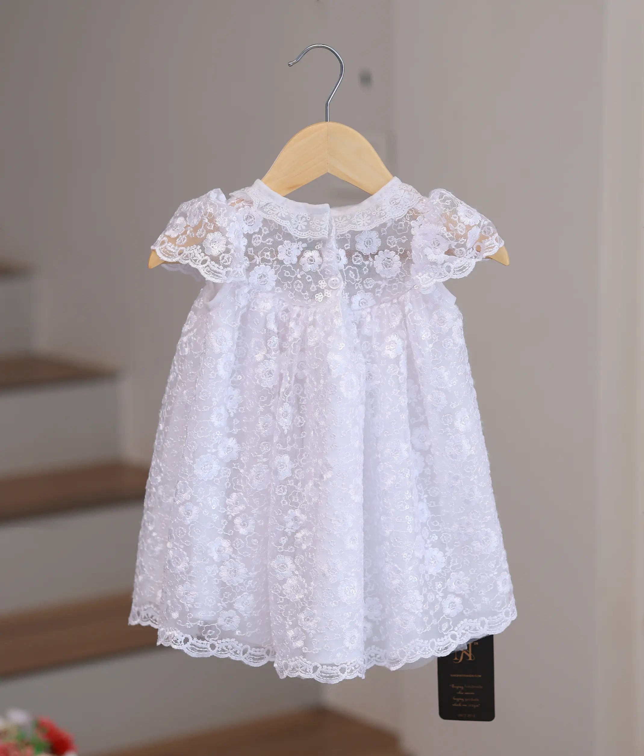 White handcrafted baptism frock, a premium designer ceremony gown for baby girls