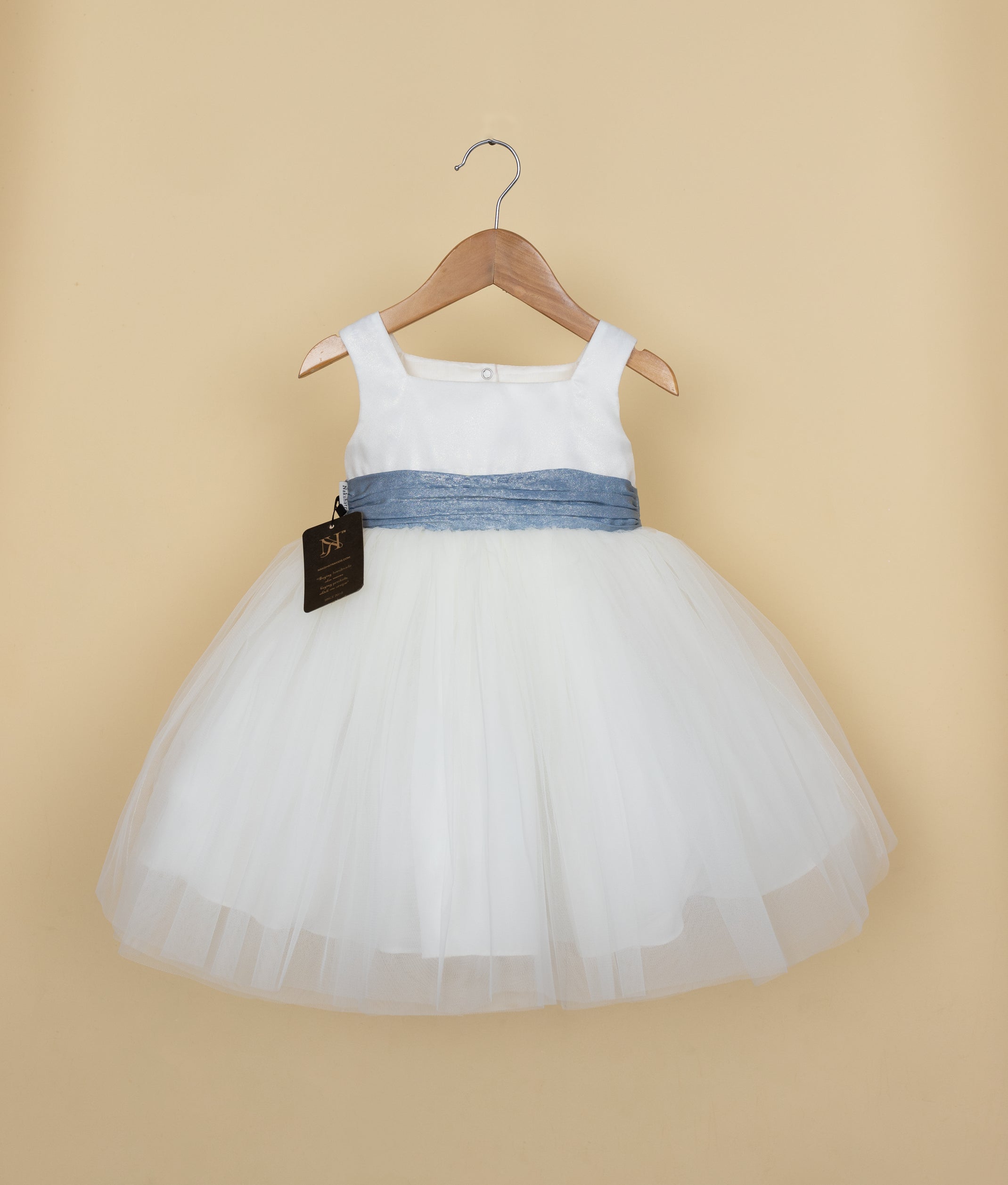 White tulle flower girl dress with blue sash and bow for baby toddlers - Formal kids dress for weddings and special occasions