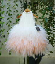 White and pink feather frock for baby girl with fluffy feather bottom and tulle tutu skirt on mannequin