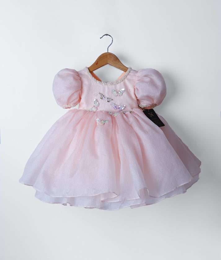 Peach Crush Organza Butterfly Theme Birthday Frock for Baby Girl [2732]