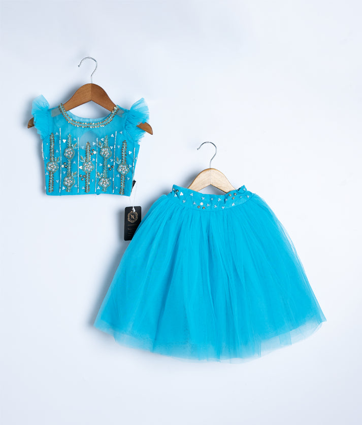Ocean Blue Handwork  Crop Top With Full Length Skirt For Baby Girl [2240]