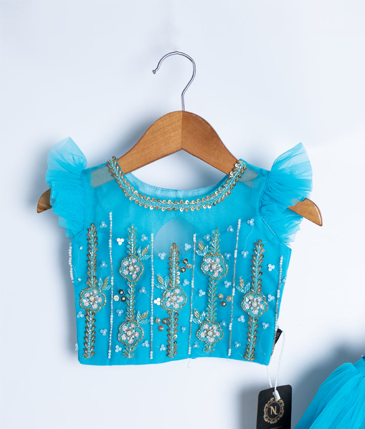 Ocean Blue Handwork  Crop Top With Full Length Skirt For Baby Girl [2240]
