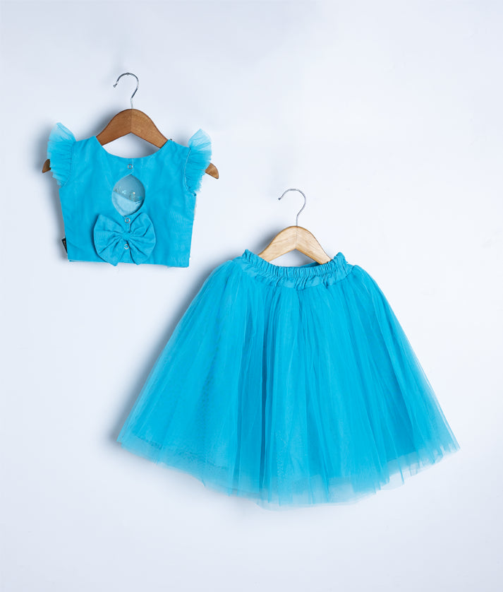 Ocean Blue Handwork  Crop Top With Full Length Skirt For Baby Girl [2240]
