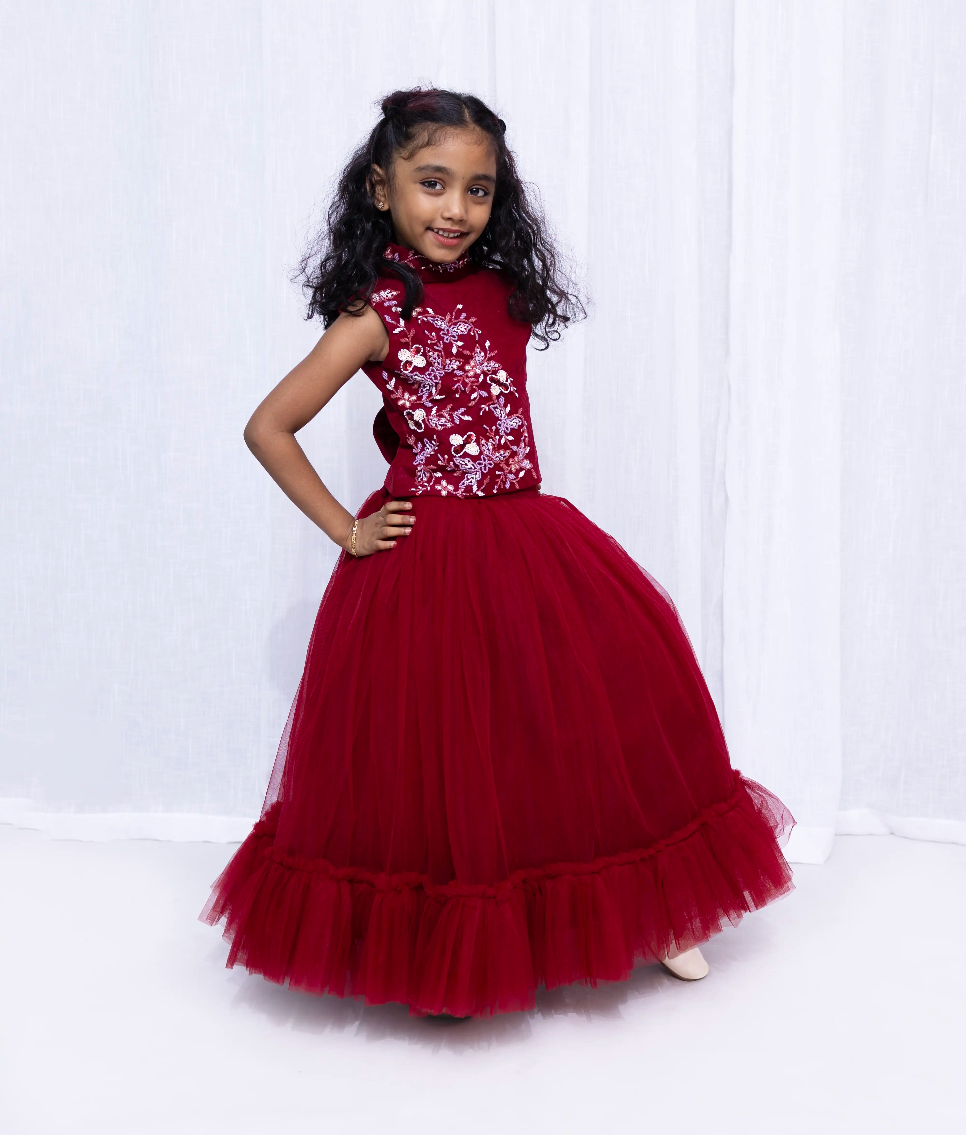 Maroon Handwork Crop Top with Full Length Skirt For Baby girl [Ready to ship :2278]