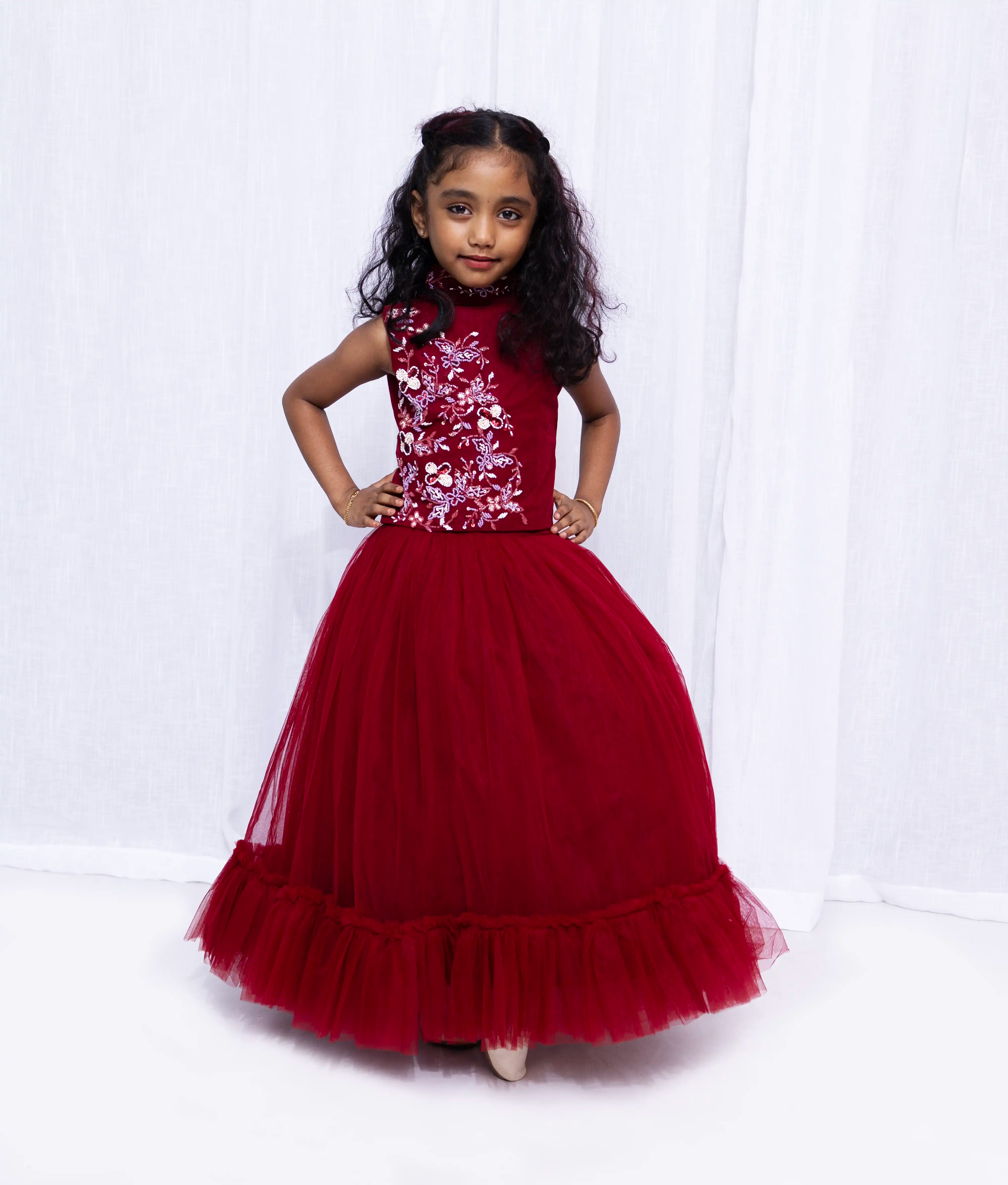 Maroon Handwork Crop Top with Full Length Skirt For Baby girl [Ready to ship :2278]
