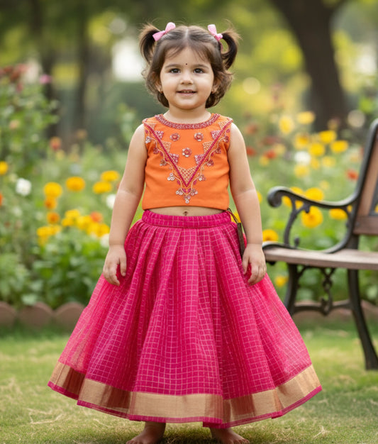 Orange Tull Net Handworked Crop Top With Hot Pink Organza Full Length Skirt For Diwali [Ready To Ship: 7602]