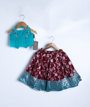 Blue Tulle Net Handworked Top With Banarsi Full Length Skirt For Diwali [7674]