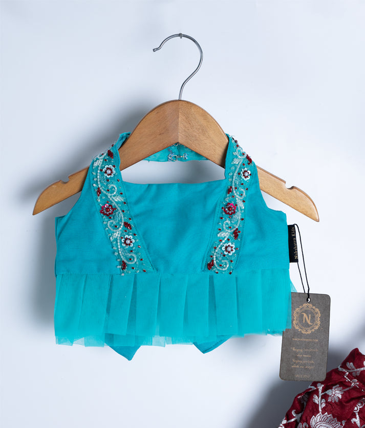 Blue Tulle Net Handworked Top With Banarsi Full Length Skirt For Diwali [7674]