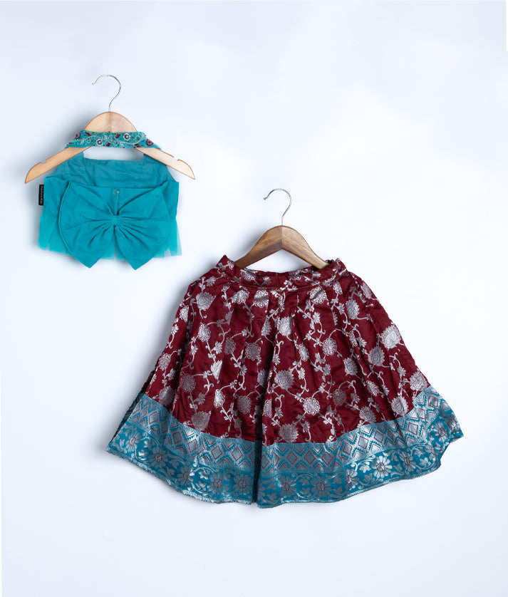 Blue Tulle Net Handworked Top With Banarsi Full Length Skirt For Diwali [7674]