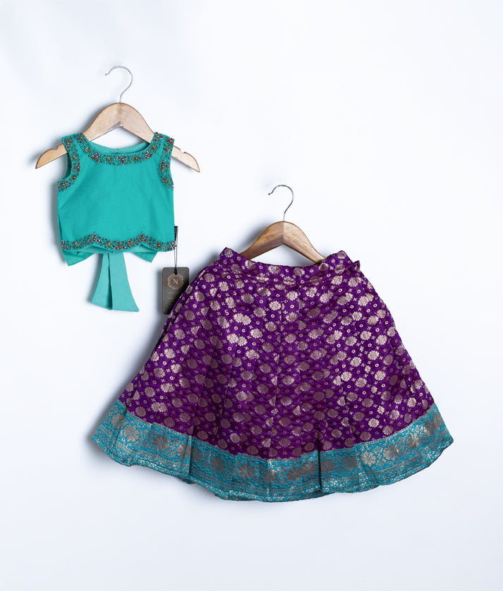 Ocean Blue Handworked  Crop Top With Banarsi Full Length Skirt For Diwali [7677]