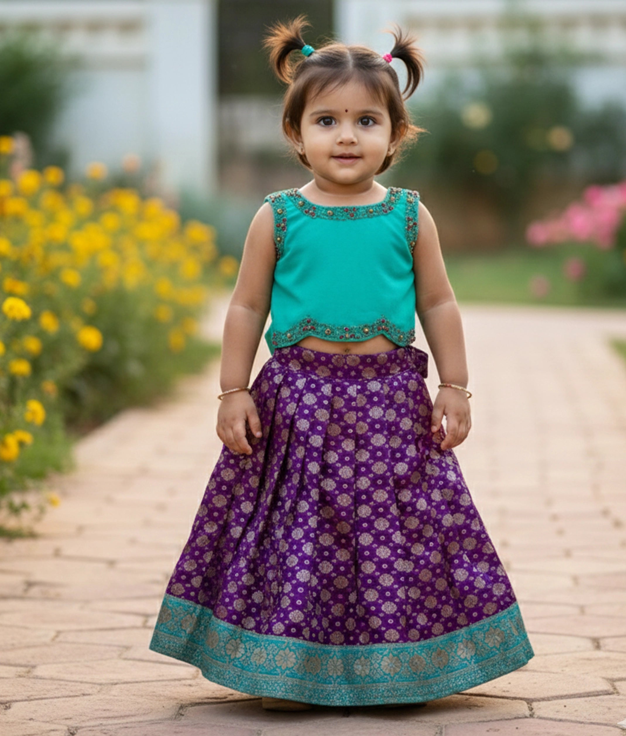 Ocean Blue Handworked  Crop Top With Banarsi Full Length Skirt For Diwali [7677]