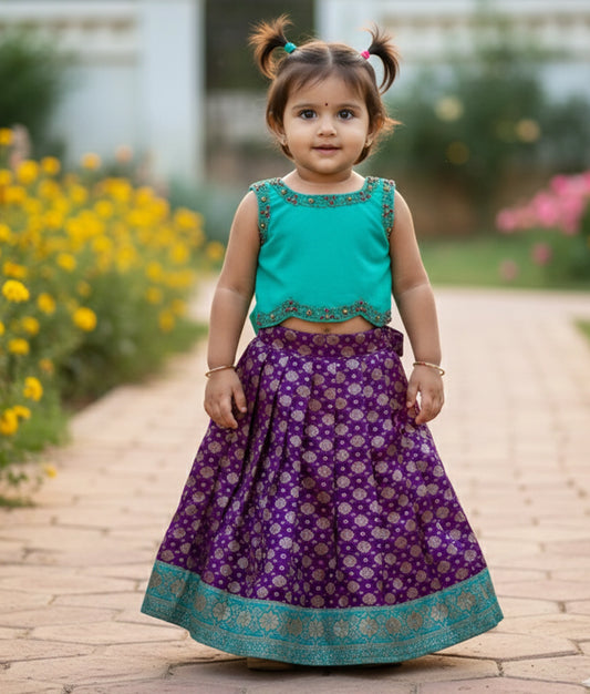 Ocean Blue Handworked  Crop Top With Banarsi Full Length Skirt For Diwali [Ready To Ship: 7677]