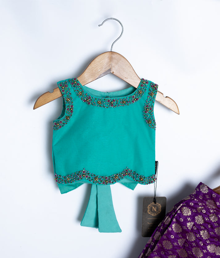 Ocean Blue Handworked  Crop Top With Banarsi Full Length Skirt For Diwali [7677]