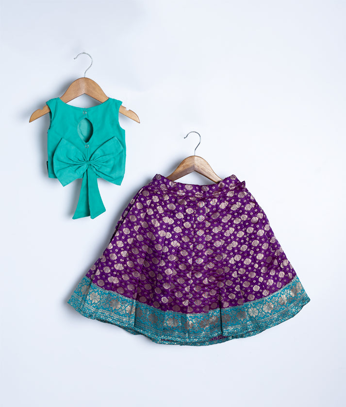 Ocean Blue Handworked  Crop Top With Banarsi Full Length Skirt For Diwali [7677]