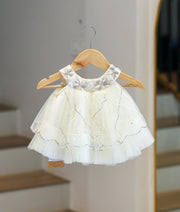 Off-White Tulle Net Handworked Baptism Frock For Baby Girl [Ready To Ship: 2782]
