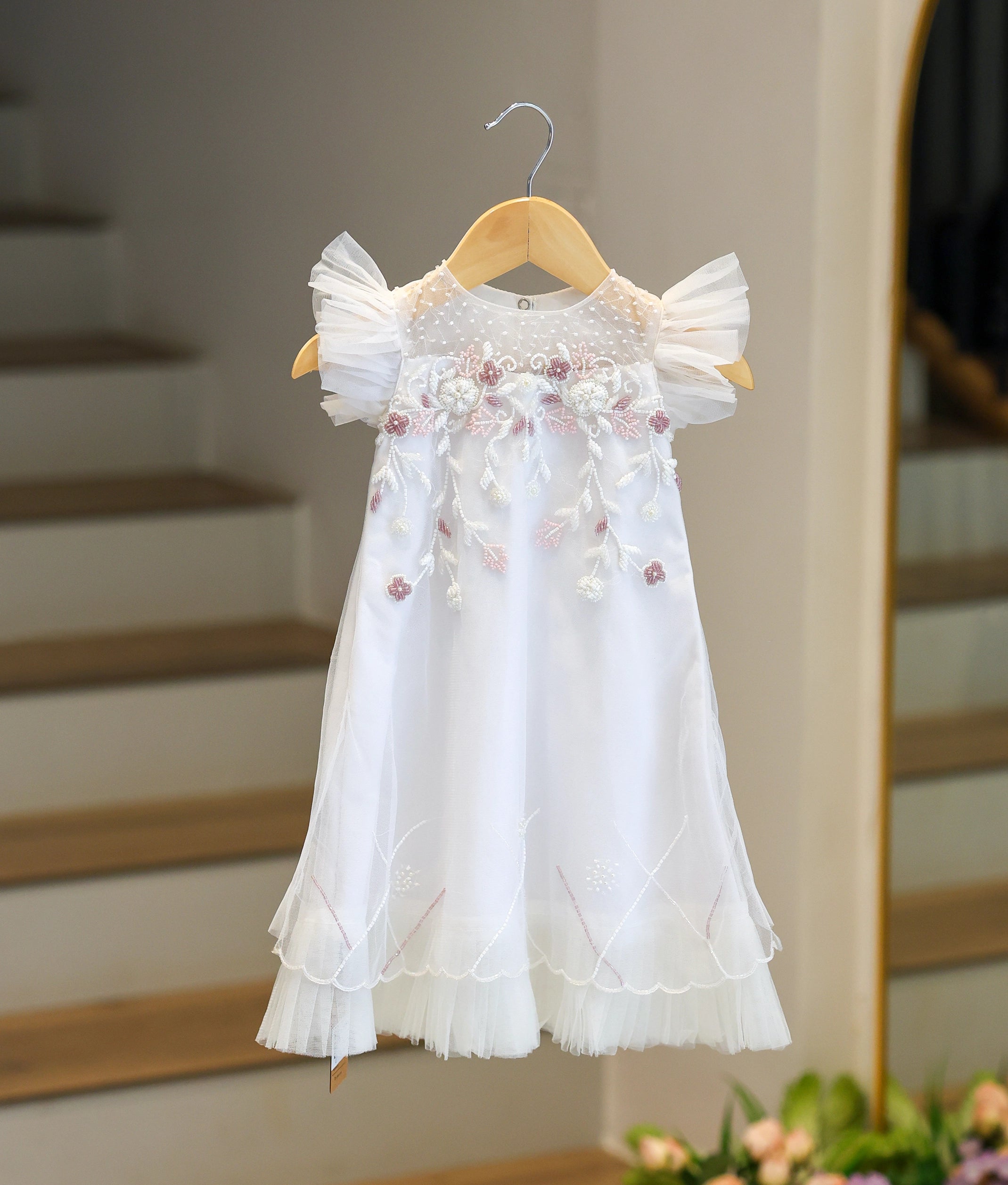 Off-White Tulle Net Handworked Baptism Frock For Baby Girl [Ready To Ship: 6257]